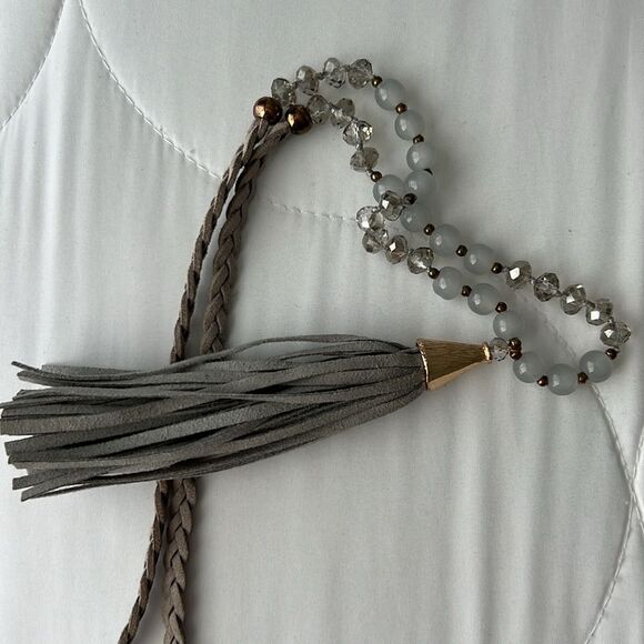 21” Boho Vintage Gray Suede Beaded Tassel Braided Long Necklace - Picture 7 of 7